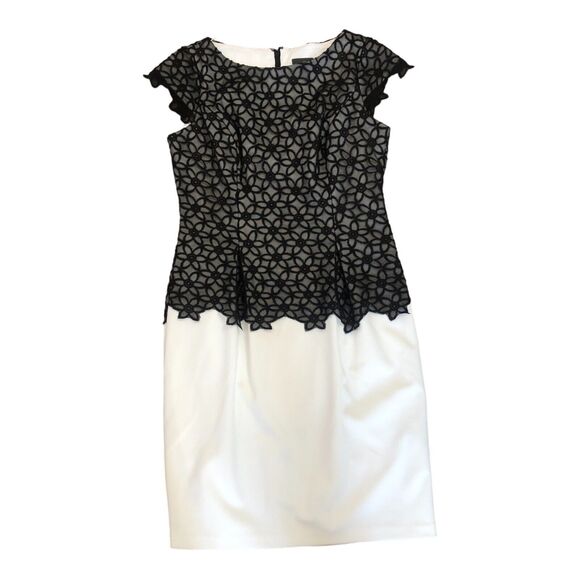 Adrianna Papell Black Lace Overlay Short Sleeve Peplum Knee Length Dress Sz 6 - Picture 6 of 16